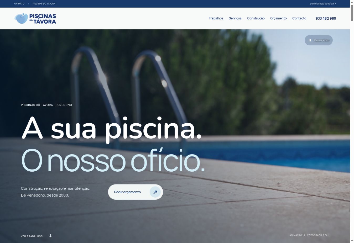 Website PISCINAS DO TÁVORA: Fotografias do portefólio, serviços e uma sequência ilustrativa de construção numa proposta de website.